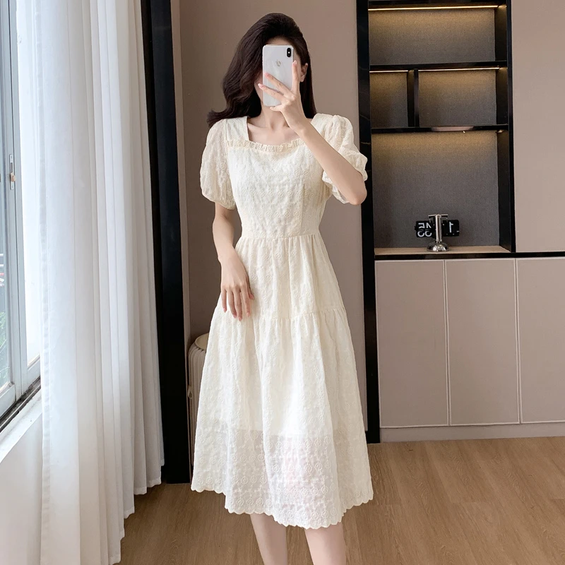 夏季新款棉麻方领泡泡袖收腰显瘦仙女风连衣裙女气质中长款裙装