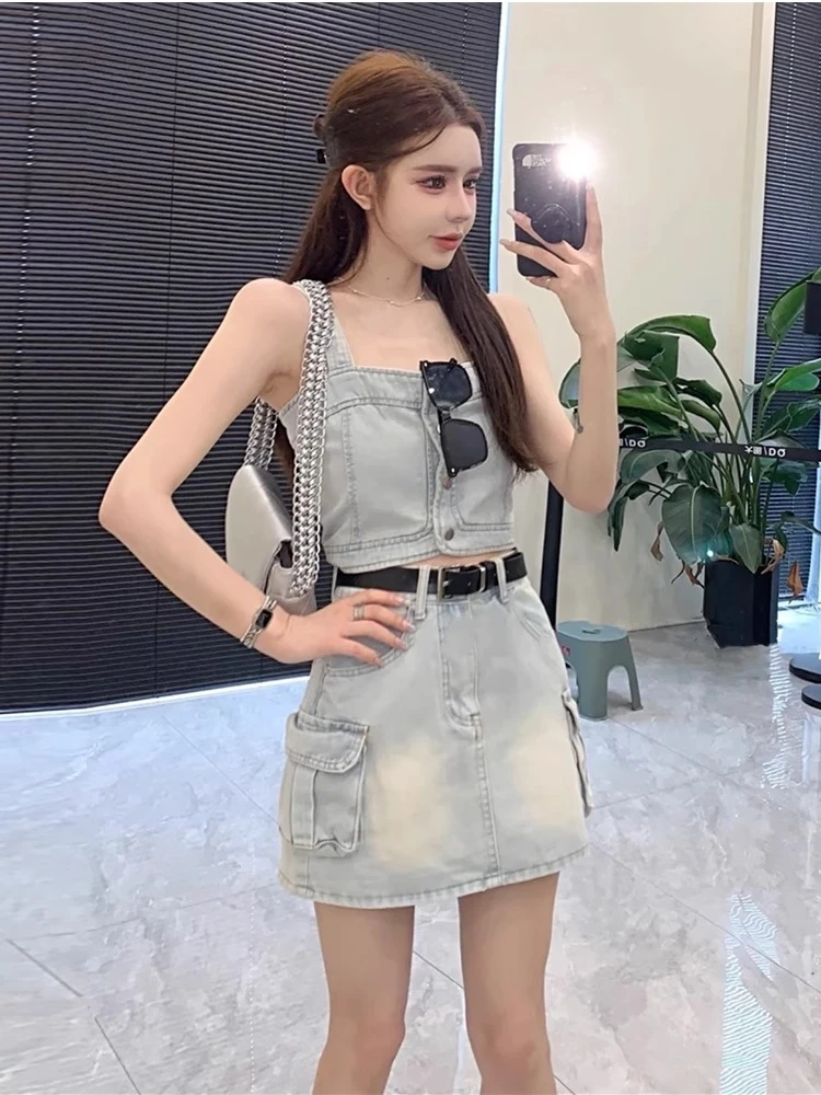 韩版牛仔套装裙辣妹纯欲设计感气质吊带背心女高腰工装短裙两件套