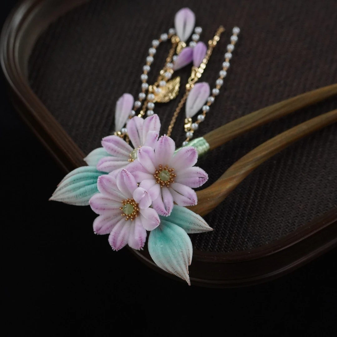 细绒雏菊木U绿檀 非遗绒花南京绒花古风簪子非遗手工染色绒花