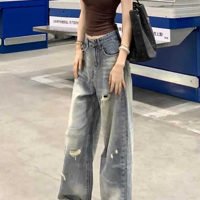 小个子美式复古破洞阔腿牛仔裤女150XS码高腰垂感显瘦宽松长裤潮