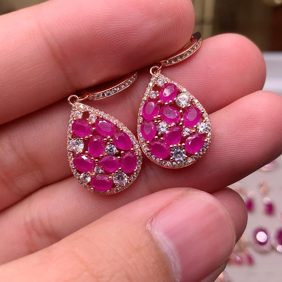 红宝石耳饰银S925镶嵌