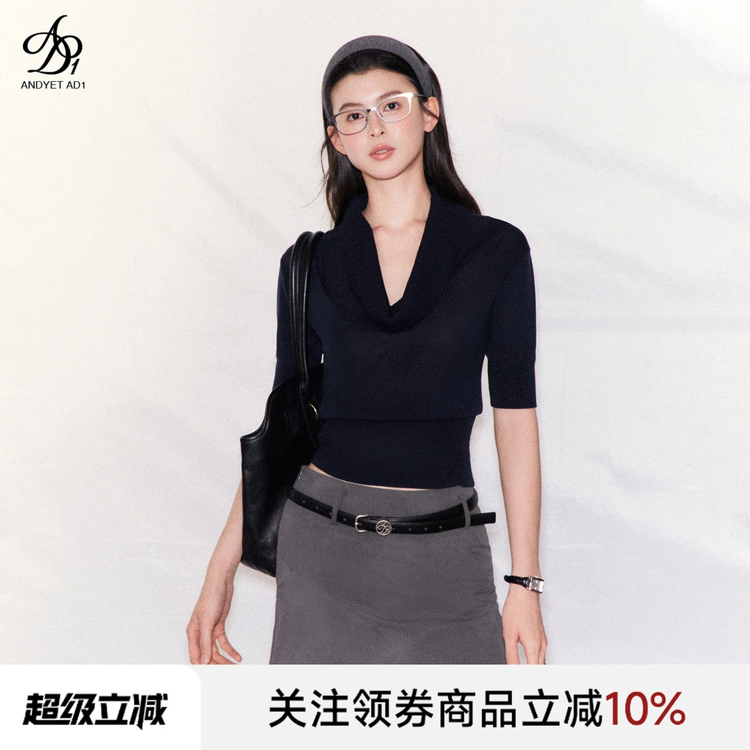 ANDYET AD1 荡领高智感针织衫透气收腰上衣中袖短t恤气质简约显瘦