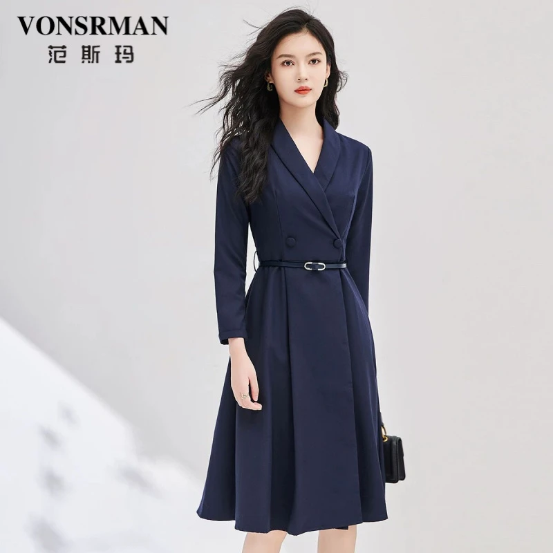 西装领长袖连衣裙藏青色通勤OL春季双排扣收腰正式场合工作服外套