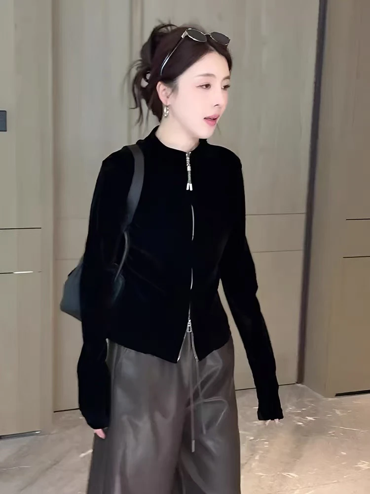 秋季短外套美式复古女士丝绒开衫修身ins长袖百搭