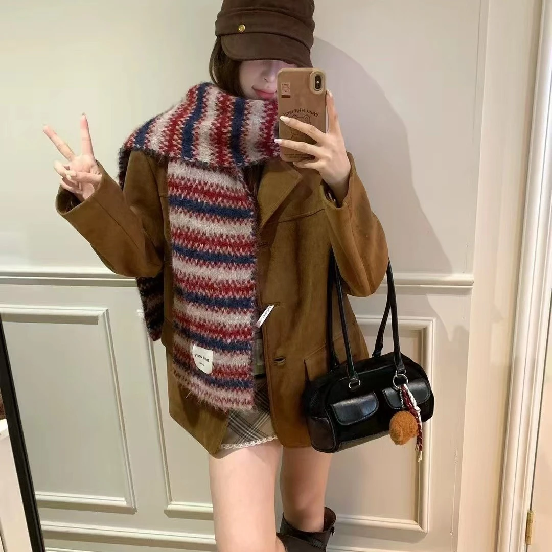 东大门费尔岛条纹针织围巾女秋冬季加厚保暖防寒百搭情侣
