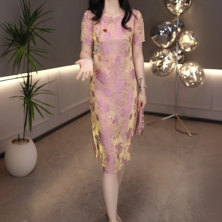 夏季新款减龄显瘦气质时尚洋气印花中长款连衣裙M-4XL