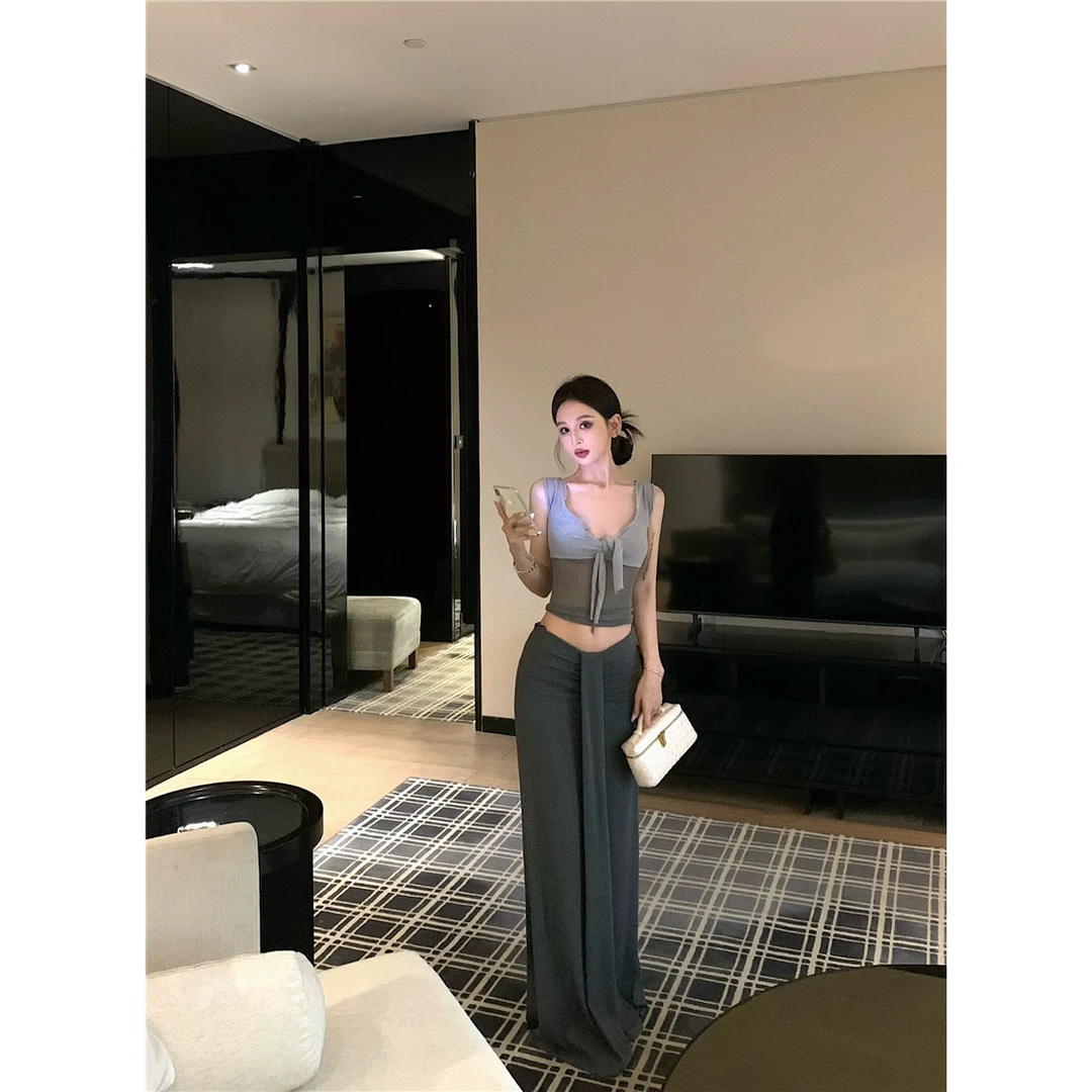 设计感气质背心上衣+低腰V型包臀半身裙两件套套装