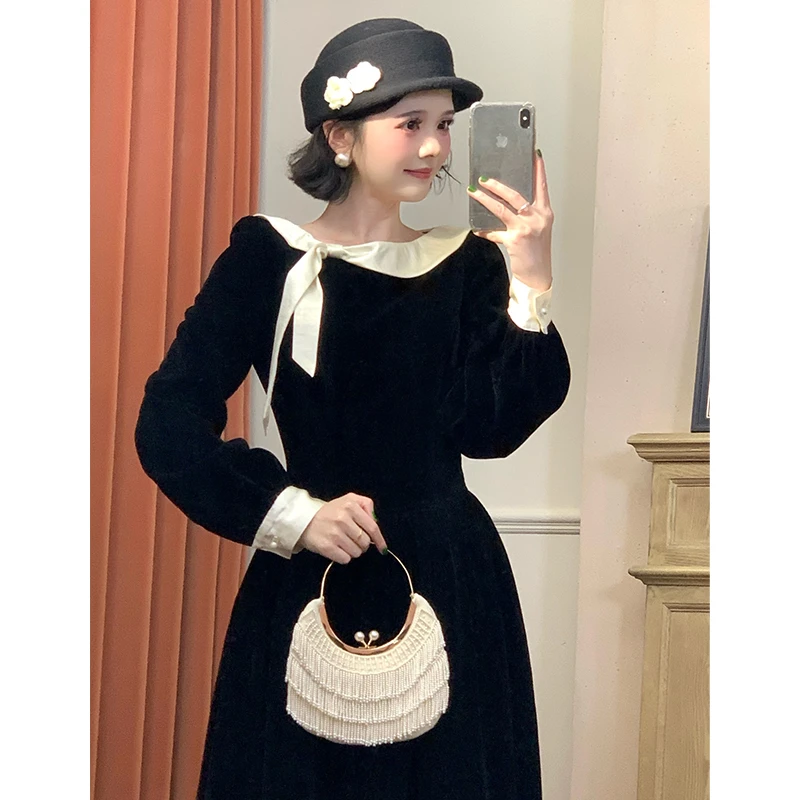 法式优雅撞色蝴蝶结连衣裙女收腰显白长裙子07202