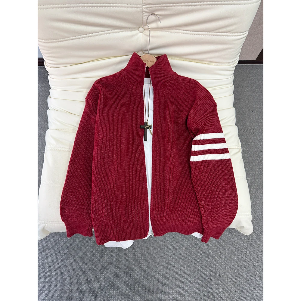 红色三条杠条纹毛衣男秋冬季情侣装圣诞新年外套设计感立领针织衫