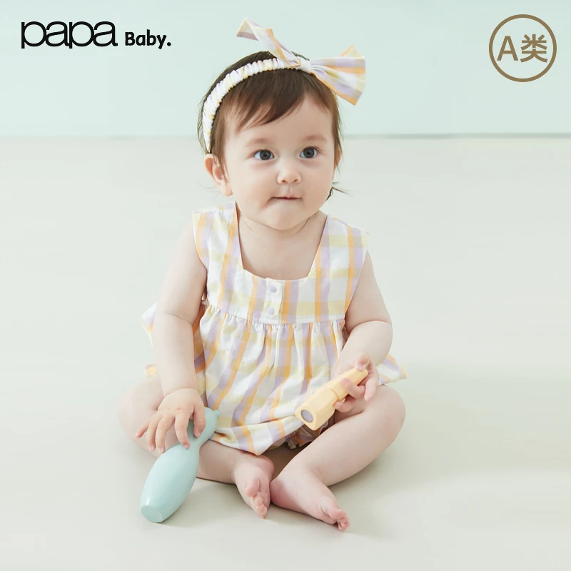 papa爬爬夏季格纹宝宝连体衣吊带宝包屁衣甜美