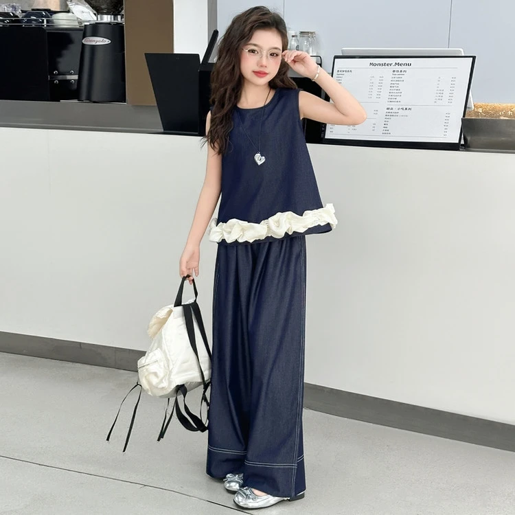女童套装夏季2025洋气儿童女孩韩系穿搭牛仔花边背心阔腿裤两件套