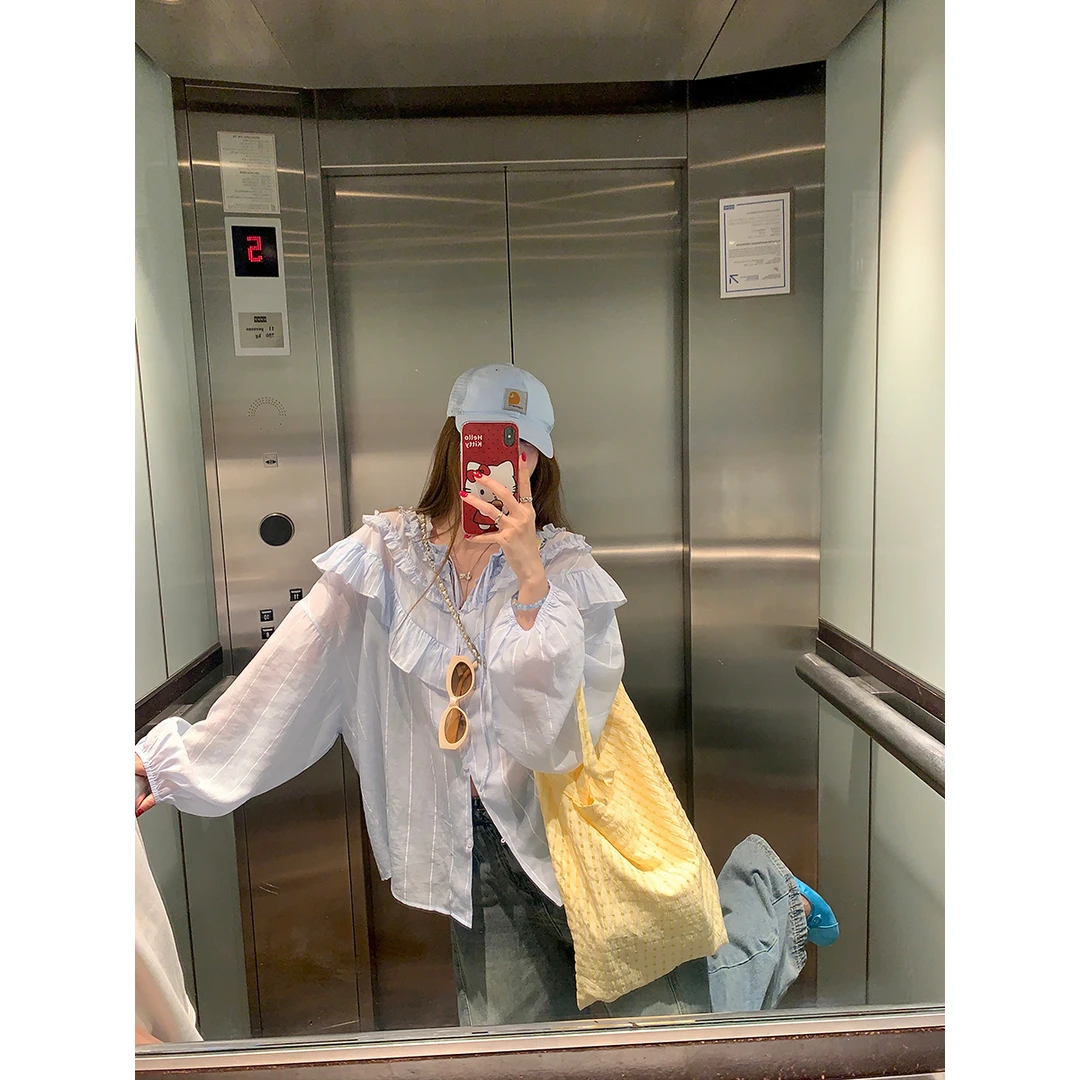 秋夏新款荷叶边宽松长袖衬衫设计感薄款防晒衬衣