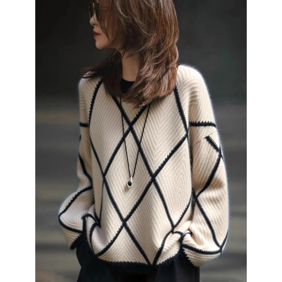 2025秋冬新款女装长袖拼色圆领针织衫毛衣菱形设计感时尚洋气百搭
