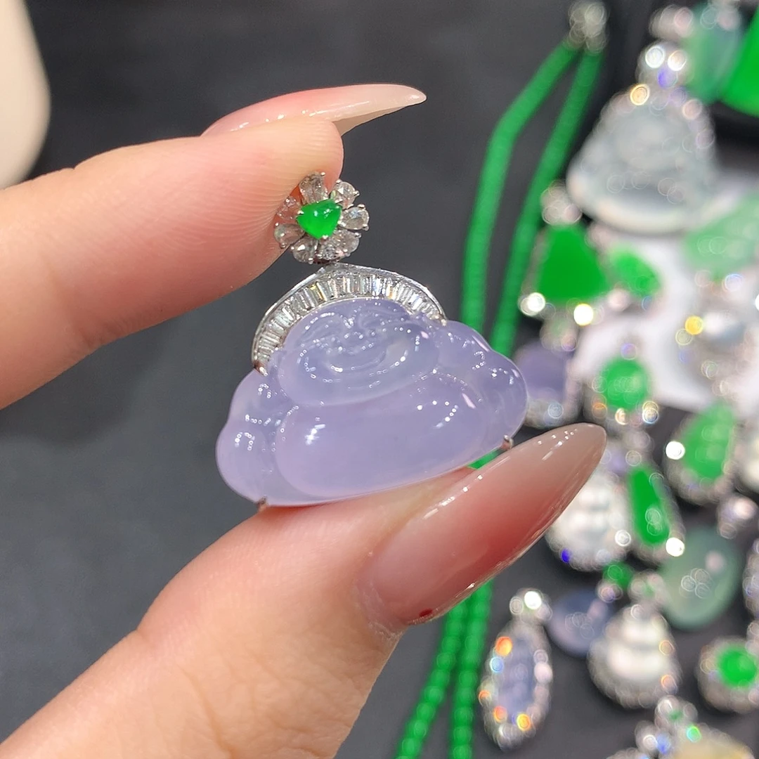 翡翠18K金镶嵌颈饰高冰粉春佛公 48小时鉴赏期