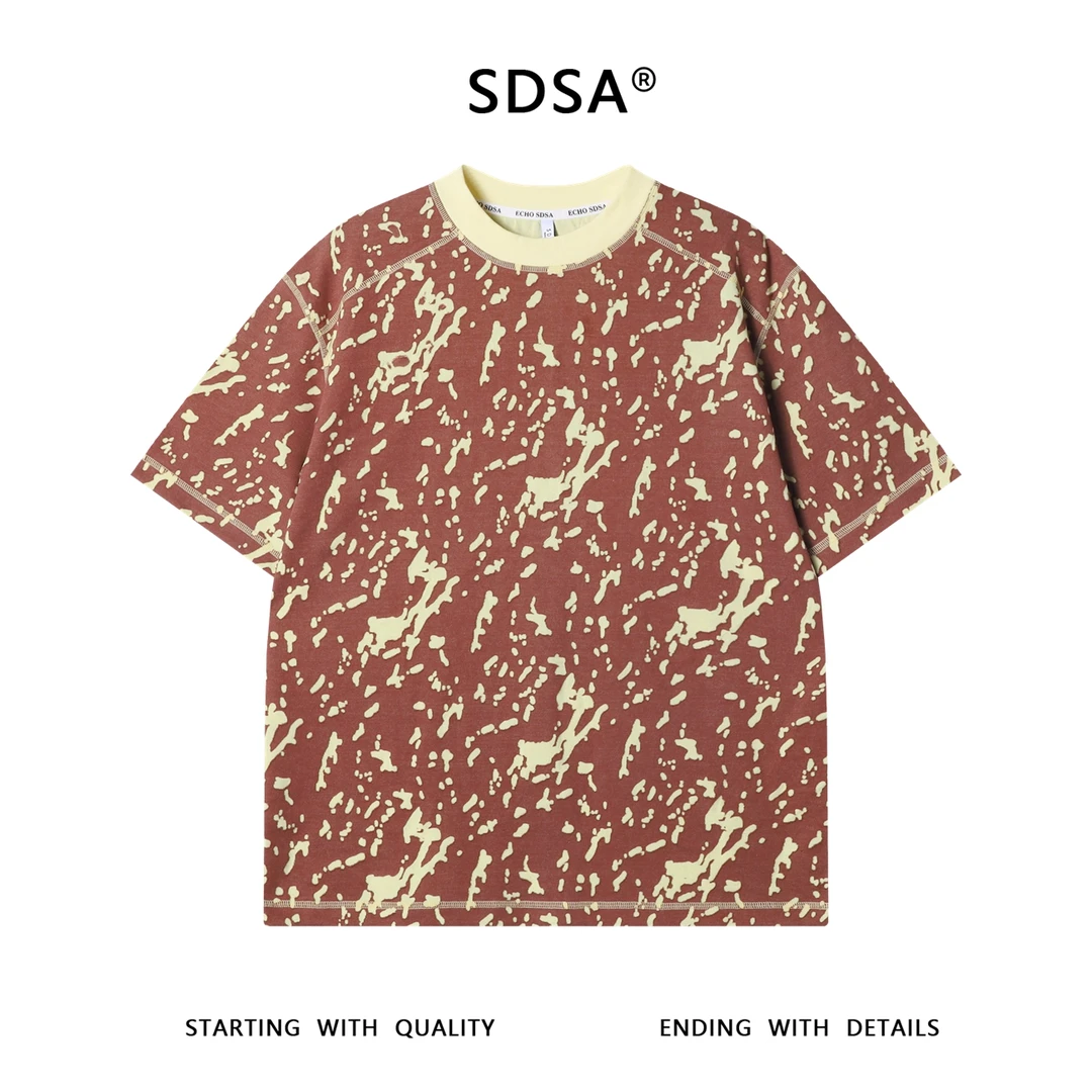 夏季高级感新款美式抽象撞色割破圆领短袖T恤明线时尚休闲上衣