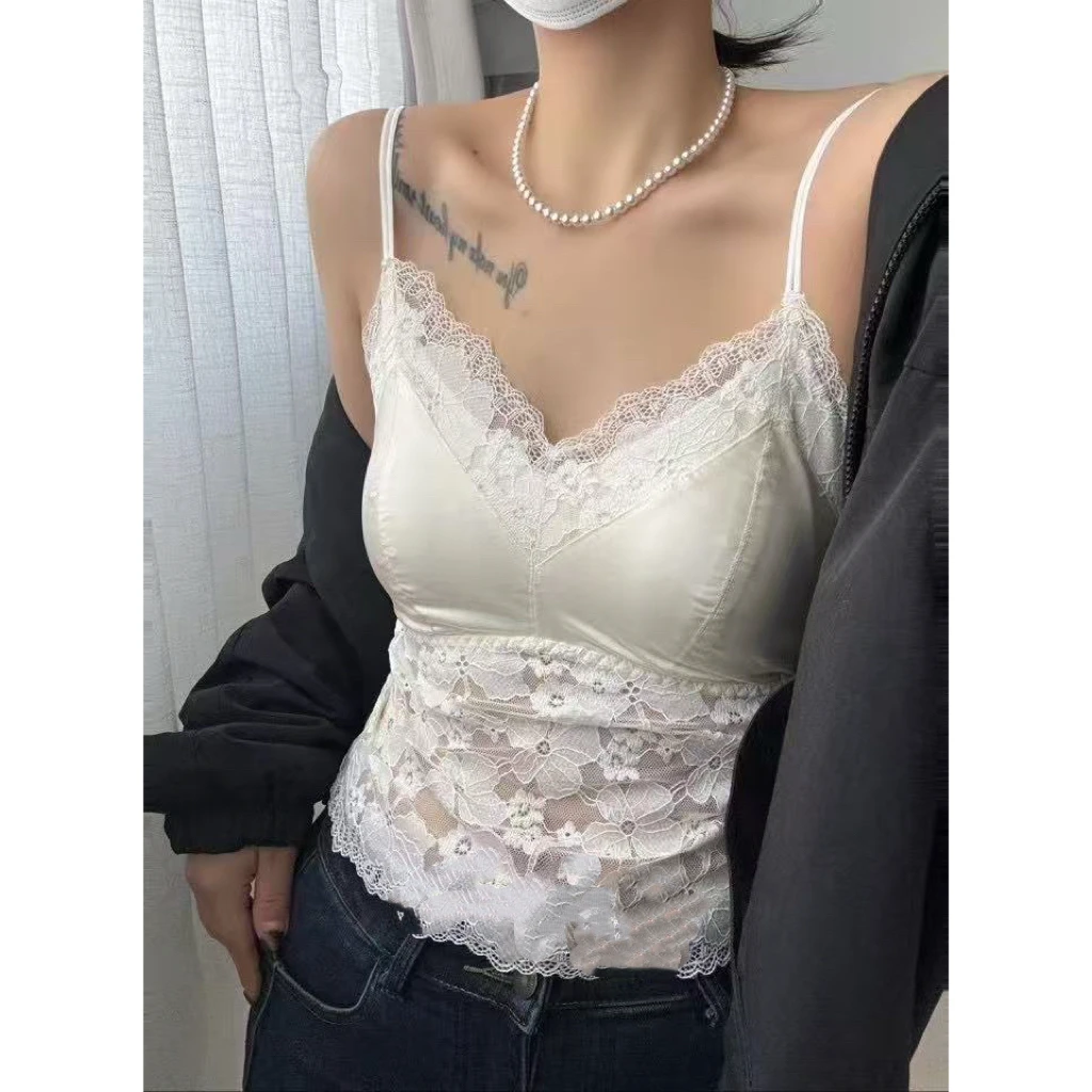 玳妮【花瓣蕾丝吊带】春季 V领肩带松紧一体杯缎面拼接背心网面内衣