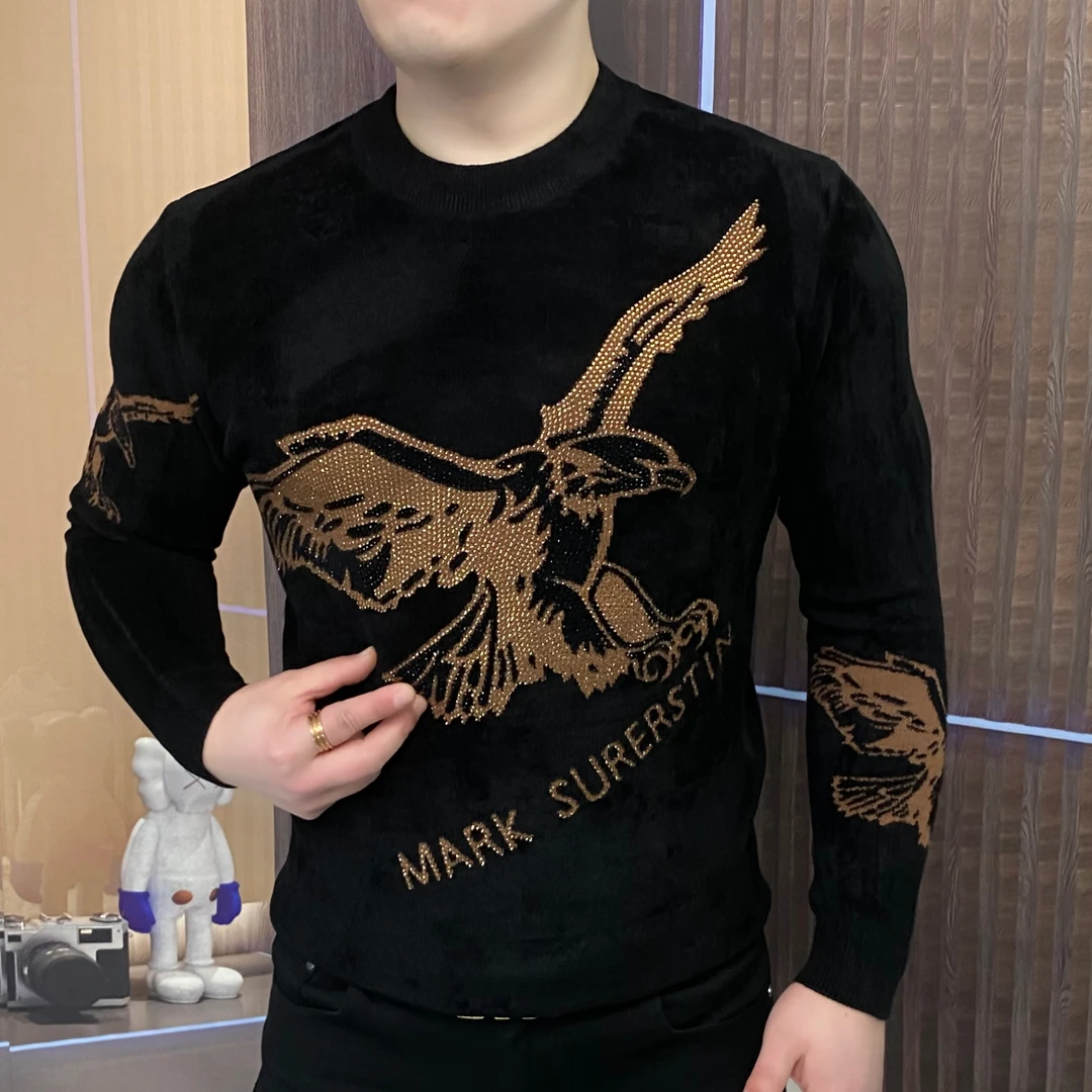 针织衫天鹅绒男士长袖时尚休闲潮流加绒修身秋冬圆领提花CLY-88