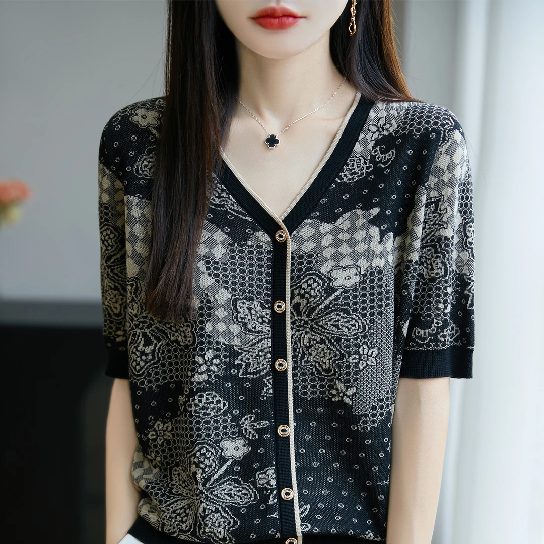 品牌V领提花气质洋气时尚夏季复古百搭设计感宽松
