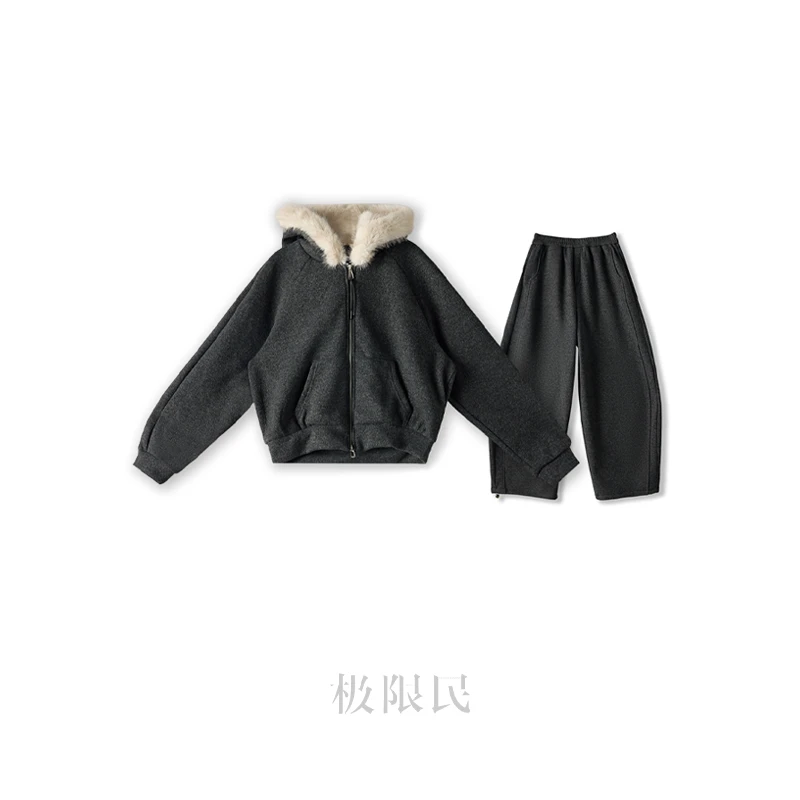 极限民《觅琳》冬季休闲百搭毛领外套加绒长裤套装F5415N2716