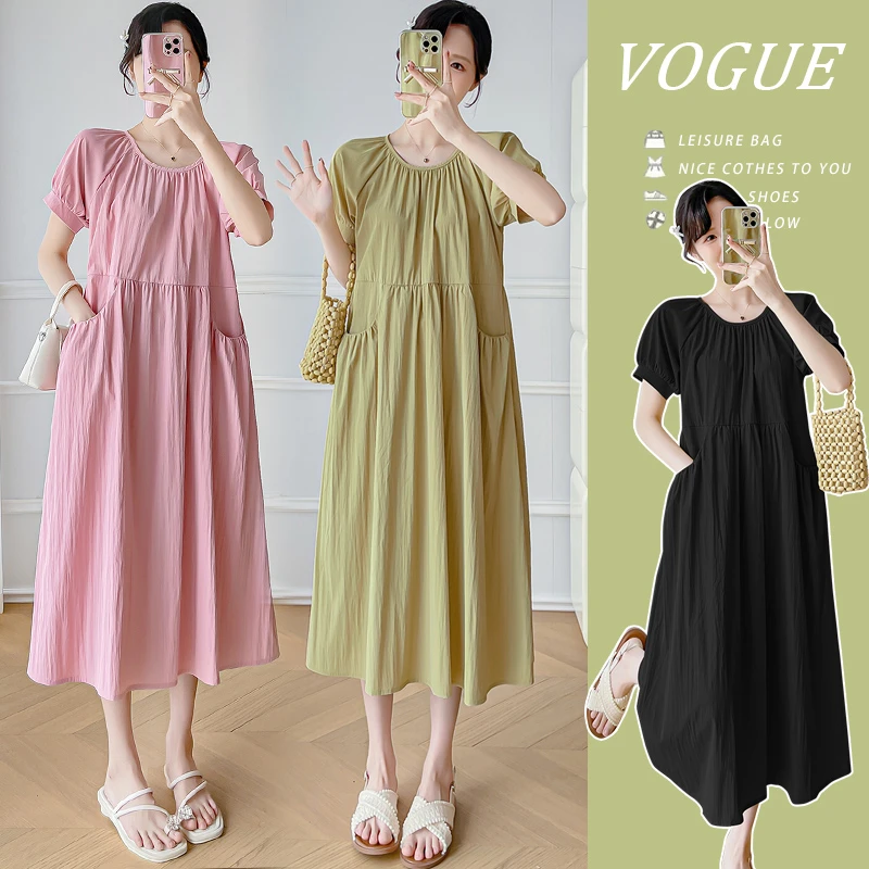 R496#3.28 夏装新品韩版高级感时尚宽松简约纯色中长款连衣裙