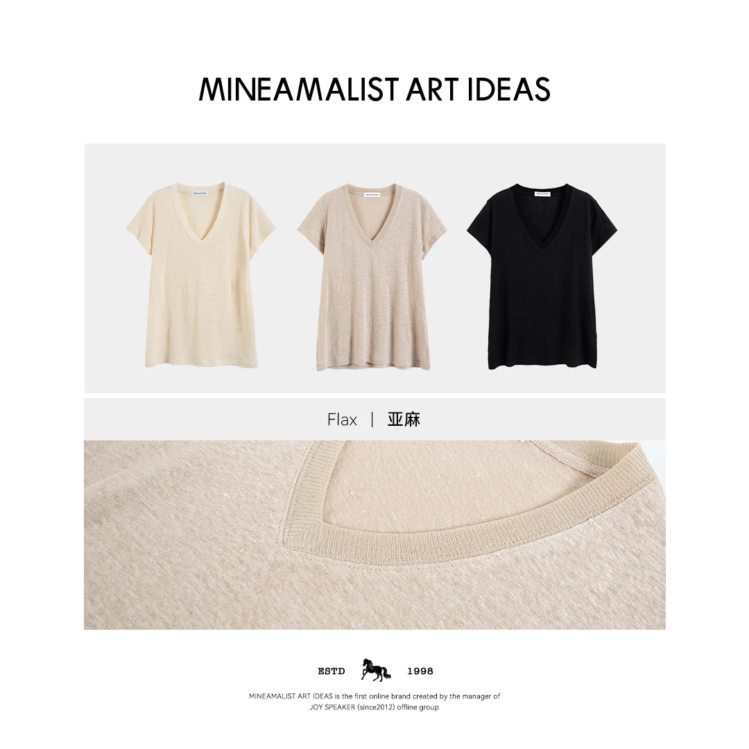 MINEAMALIST ART IDEAS夏季V领亚麻三色半袖T恤3966M