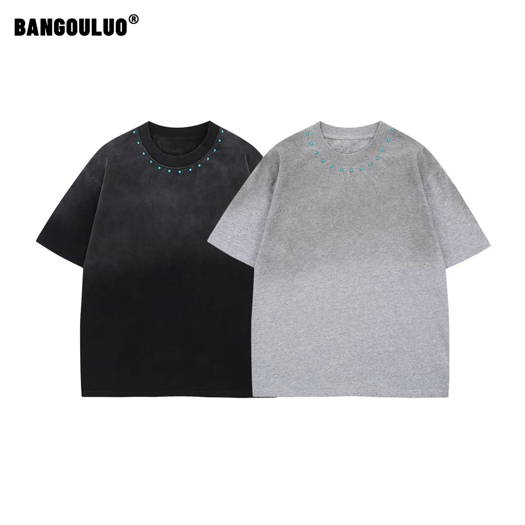 邦欧罗美式街头水印渐变绿松石领口短袖百搭夏季宽松T恤情侣上衣