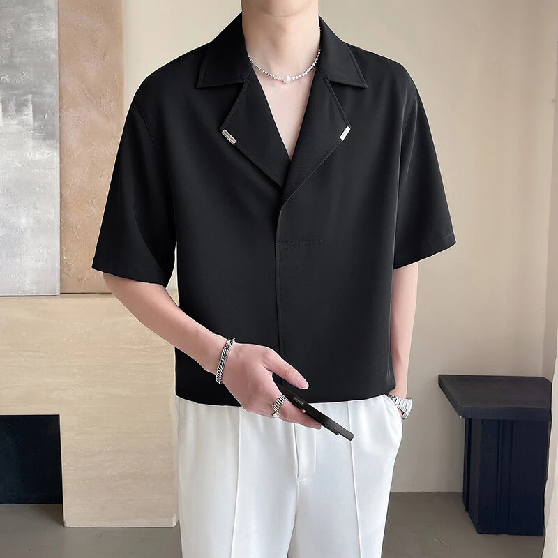 男士夏季西装领短袖衬衫港风薄款古巴领五分袖痞帅冰丝半袖衬衣潮