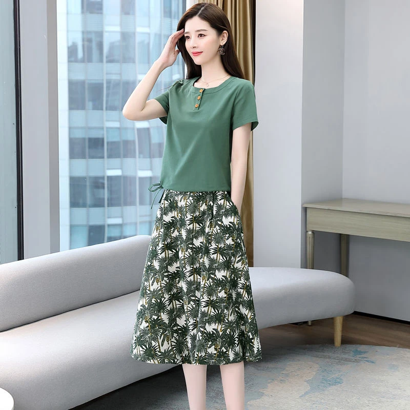 棉麻连衣裙女夏装2025年新款小个子妈妈洋气时尚半身裙套装两件套