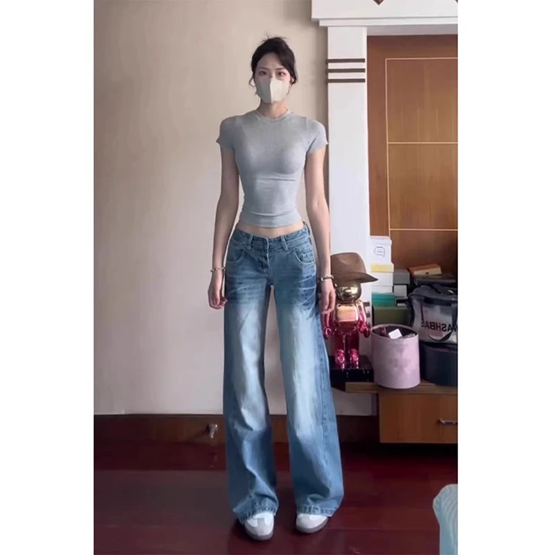 水洗蓝闪电纹微喇牛仔裤男款秋冬高个子加长裤子修身显瘦直筒长裤