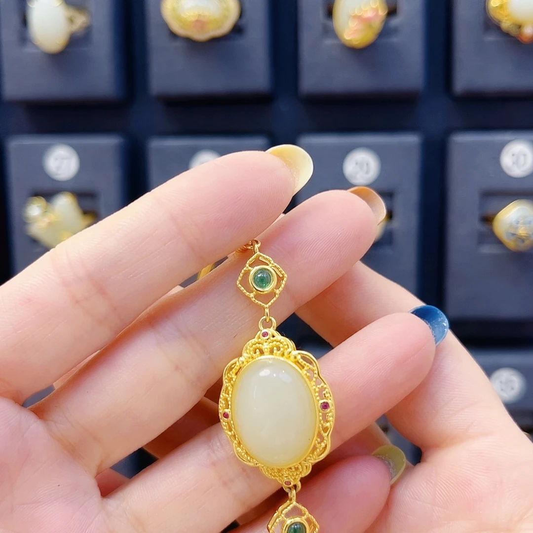 和田玉银S925镀金镶嵌手链