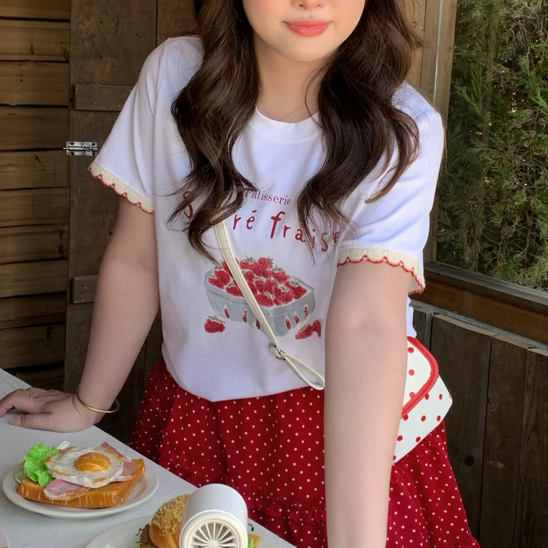 简衣言草莓蛋糕大头婷微胖夏季T恤印花花边短袖上衣