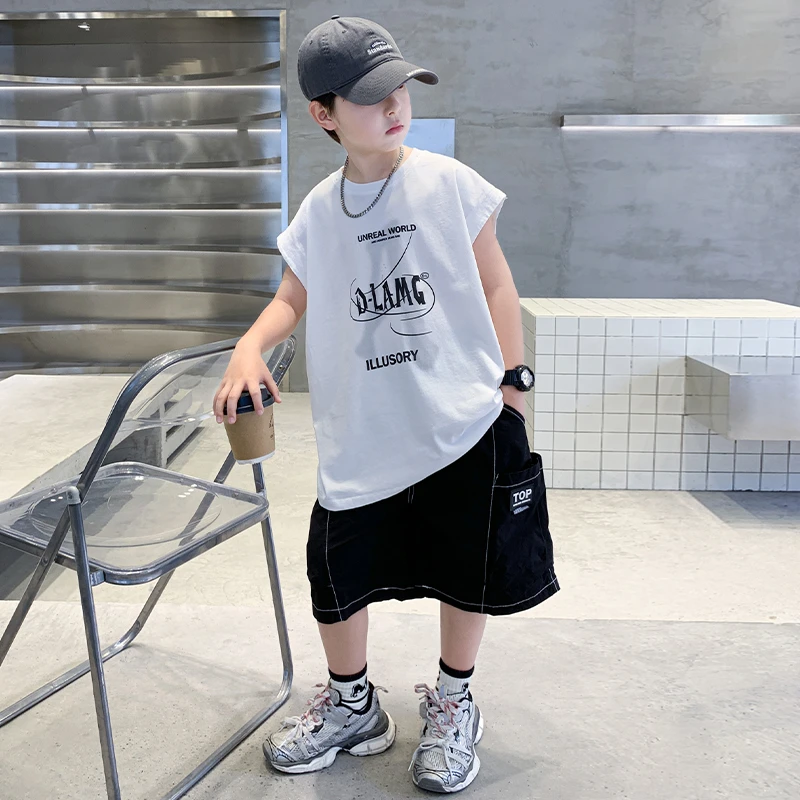 男童无袖套装2025新款夏季男童上衣中大童宽松套装童装帅气时尚潮