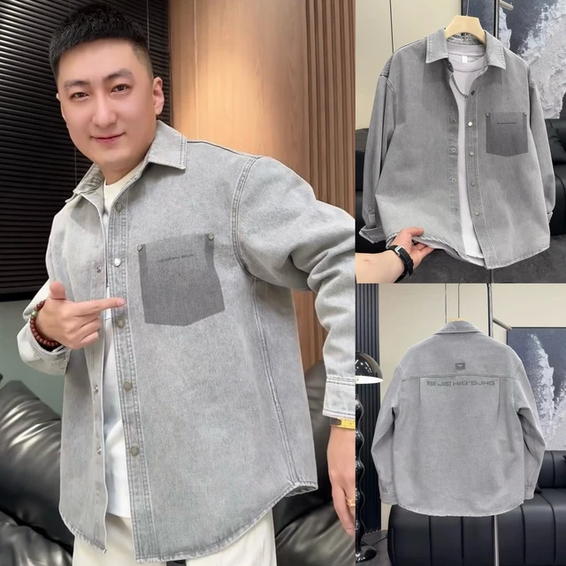 2025春季新款复古水洗翻领牛仔衬衫男宽松休闲衬衣外套简约夹克潮
