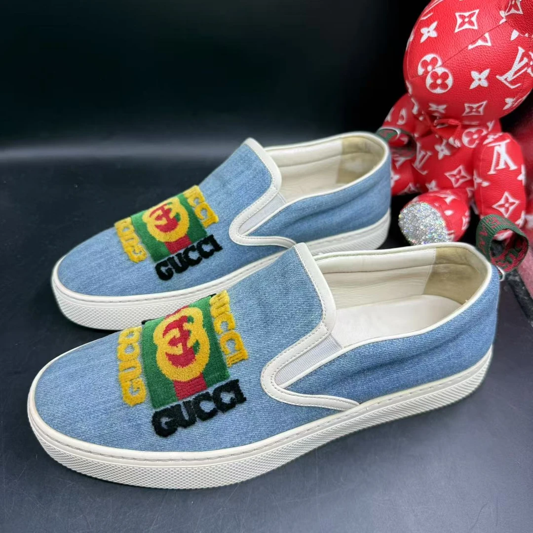 95新 GUCCI/古驰 蓝色帆布方块彩旗印花一脚蹬板鞋42欧码 ddm2473
