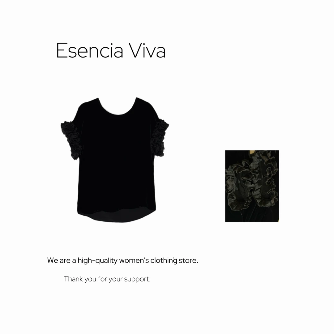 EV.【原创设计】100%桑蚕丝真丝丝绒花朵褶皱袖法式短袖T恤EVZZ0482