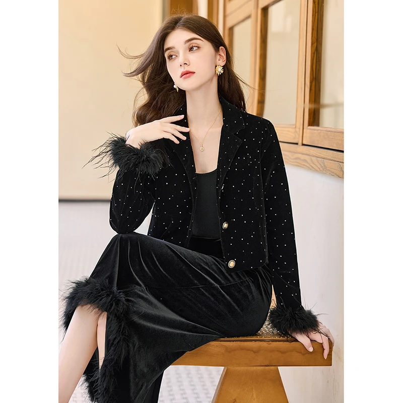 她池2025秋装新款女装宽松款气质拼接重工烫银西装外套T43B4543A