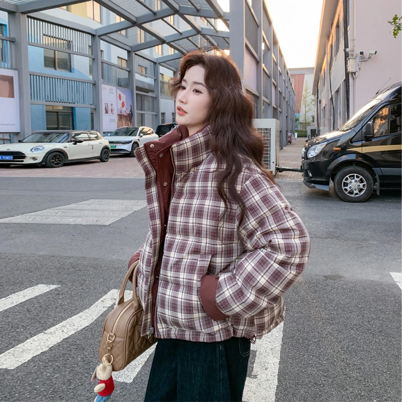 复古格子两面穿羽绒服女2025冬季新款韩系休闲ins风白鸭绒面包服
