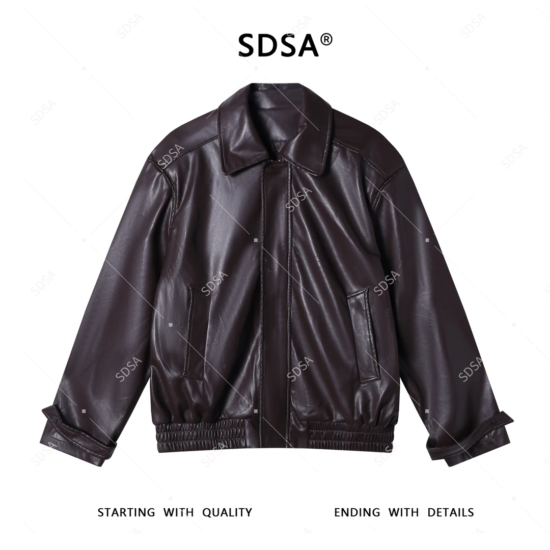 SDSA男士2025新款轻奢痞帅男装韩版纯色翻领拉链皮衣时尚开衫夹克