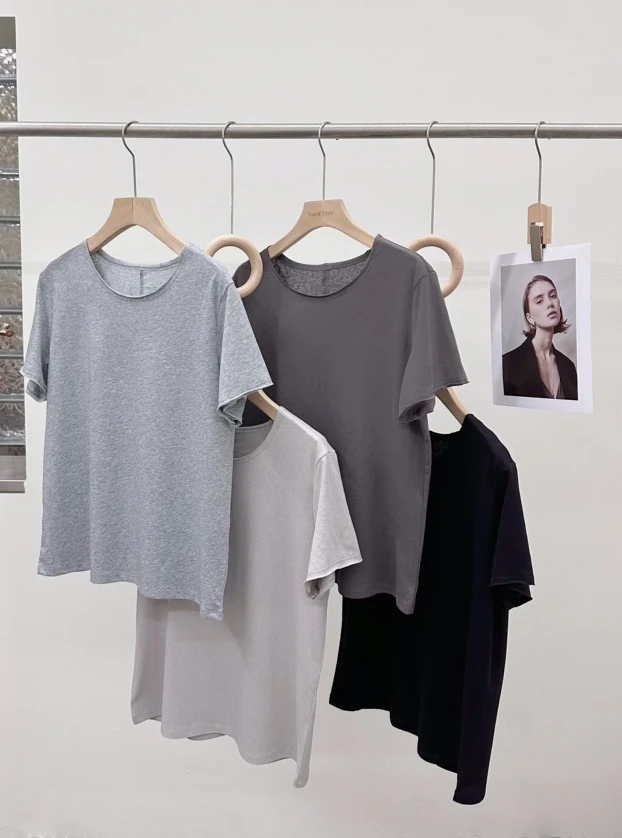 圆领套头轻薄微透后背钉标纯色短袖T恤夏季清凉百搭单穿上衣