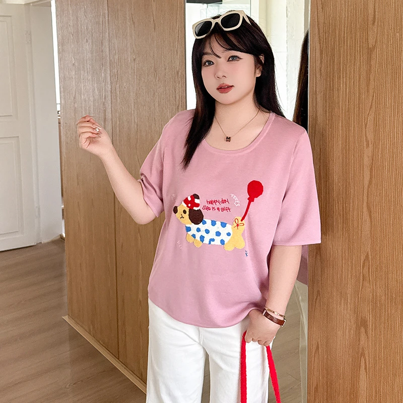 乃粒2025夏季腊肠狗U领短袖T恤女大码胖mm宽松遮肚子正肩打底上衣