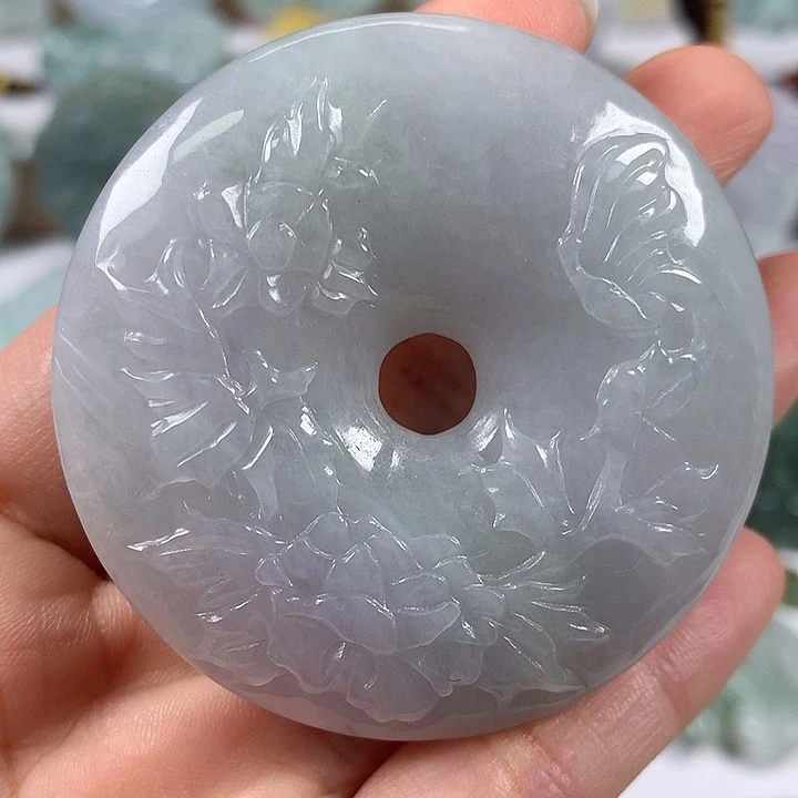 翡翠未镶嵌颈饰花开富贵平安扣两面工艺福利