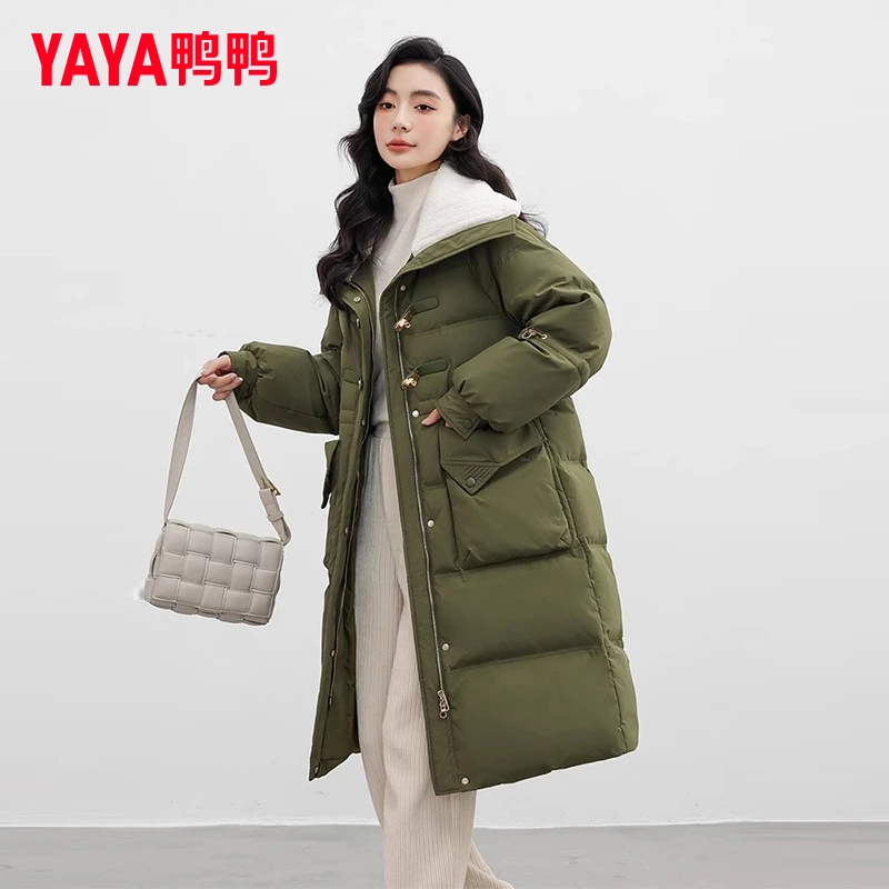YAYA/鸭鸭长款羽绒服女士2025冬季保暖加厚时尚翻领宽松鸭绒外套