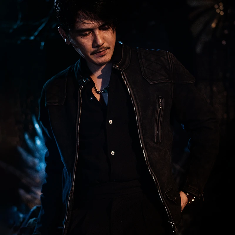 莫臣男装牛皮黑磨砂毒液斑驳旧化立领机车服男士皮衣外套AN2461