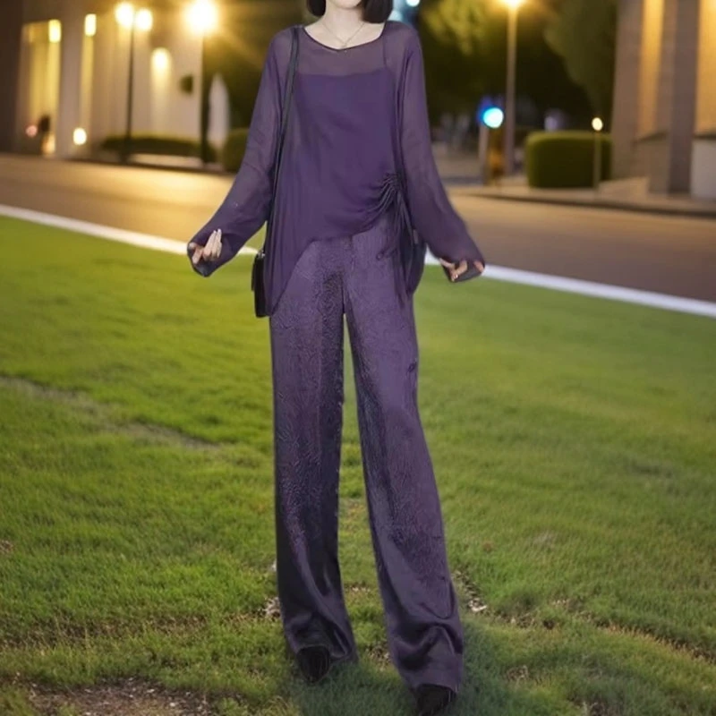 欧货设计感宽松紫色时尚套装女夏季防晒长袖上衣薄款气质三件套装