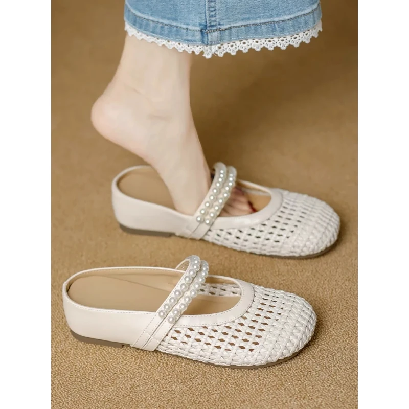 真皮内增高包头半拖鞋女2025新款夏季外穿珍珠镂空网面透气凉拖