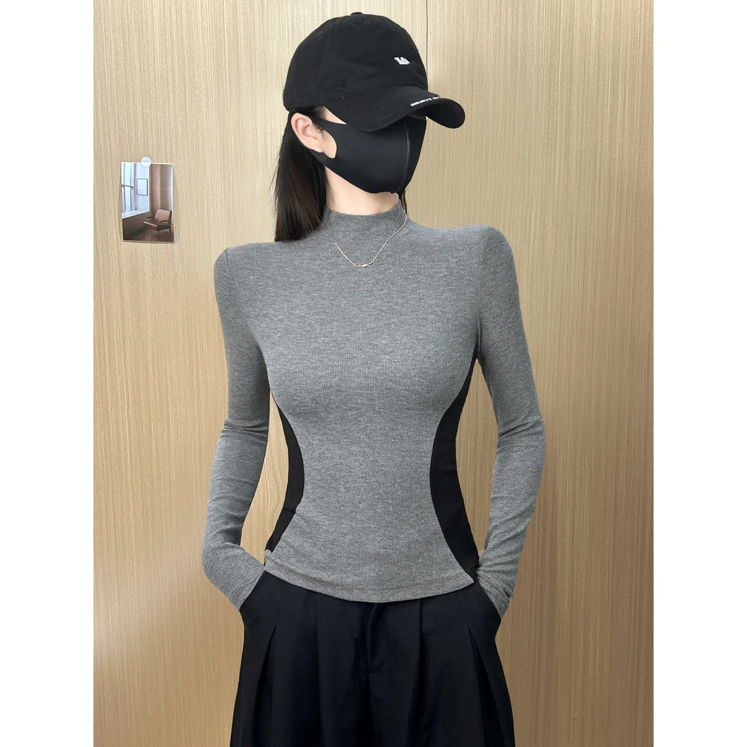 磨毛螺纹半高领打底衫女拼接秋冬修身显瘦长袖T恤上衣洋气内搭