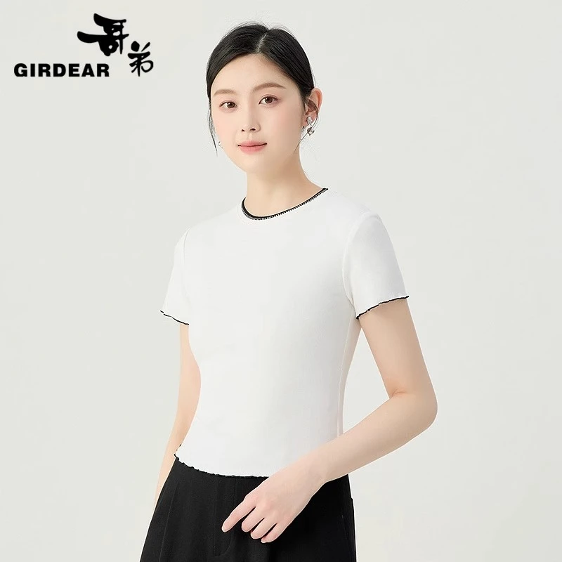GIRDEAR/哥弟夏季法式薄款百搭气质百搭圆领短袖t恤女130026