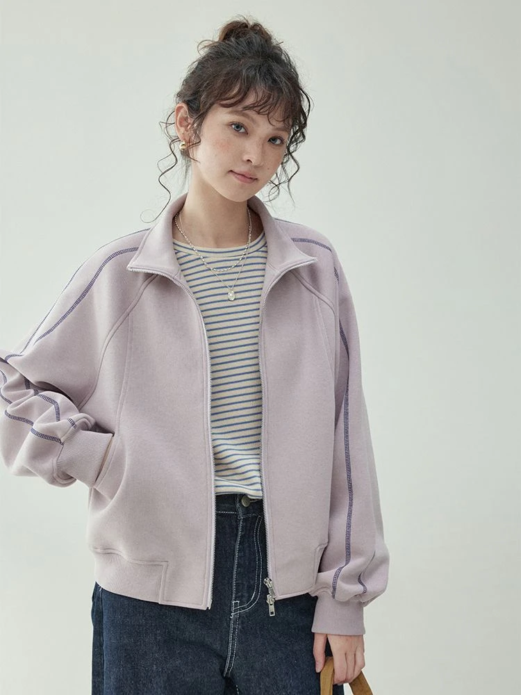 紫色拉链卫衣女外套秋季新款设计感宽松夹克开衫短款小个子上衣女