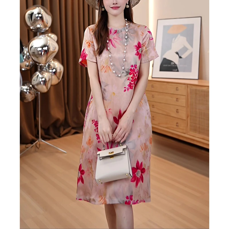 夏季时尚轻奢粉色减龄收腰A字显瘦长裙透气圆领短袖女士连衣裙