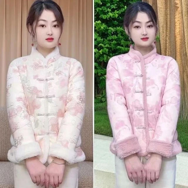 新中式复古印花加绒加厚过分棉衣冬款民族风盘扣保暖立领外套女